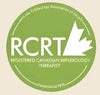 Green circular badge with maple leaf design and text ’rcrt’ for registered canadian reflexology therapist.