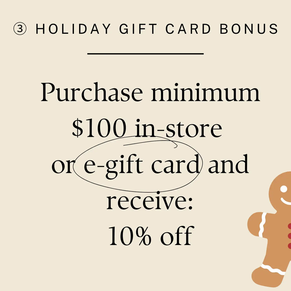 Beige holiday gift card bonus offer featuring black text and a gingerbread man illustration.