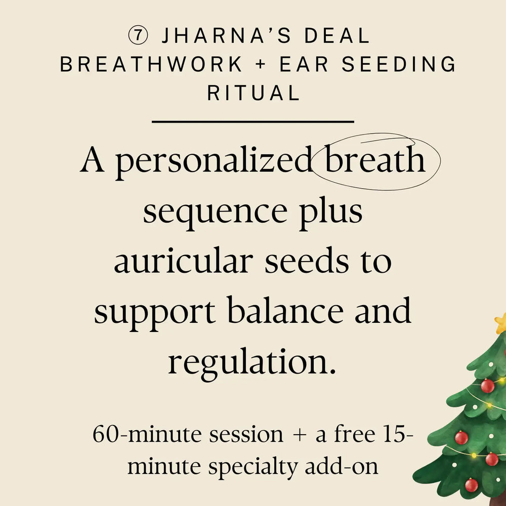 A beige promotional graphic for jharna’s deal, advertising a 60-minute breathwork and ear seeding ritual with auricular seeds.