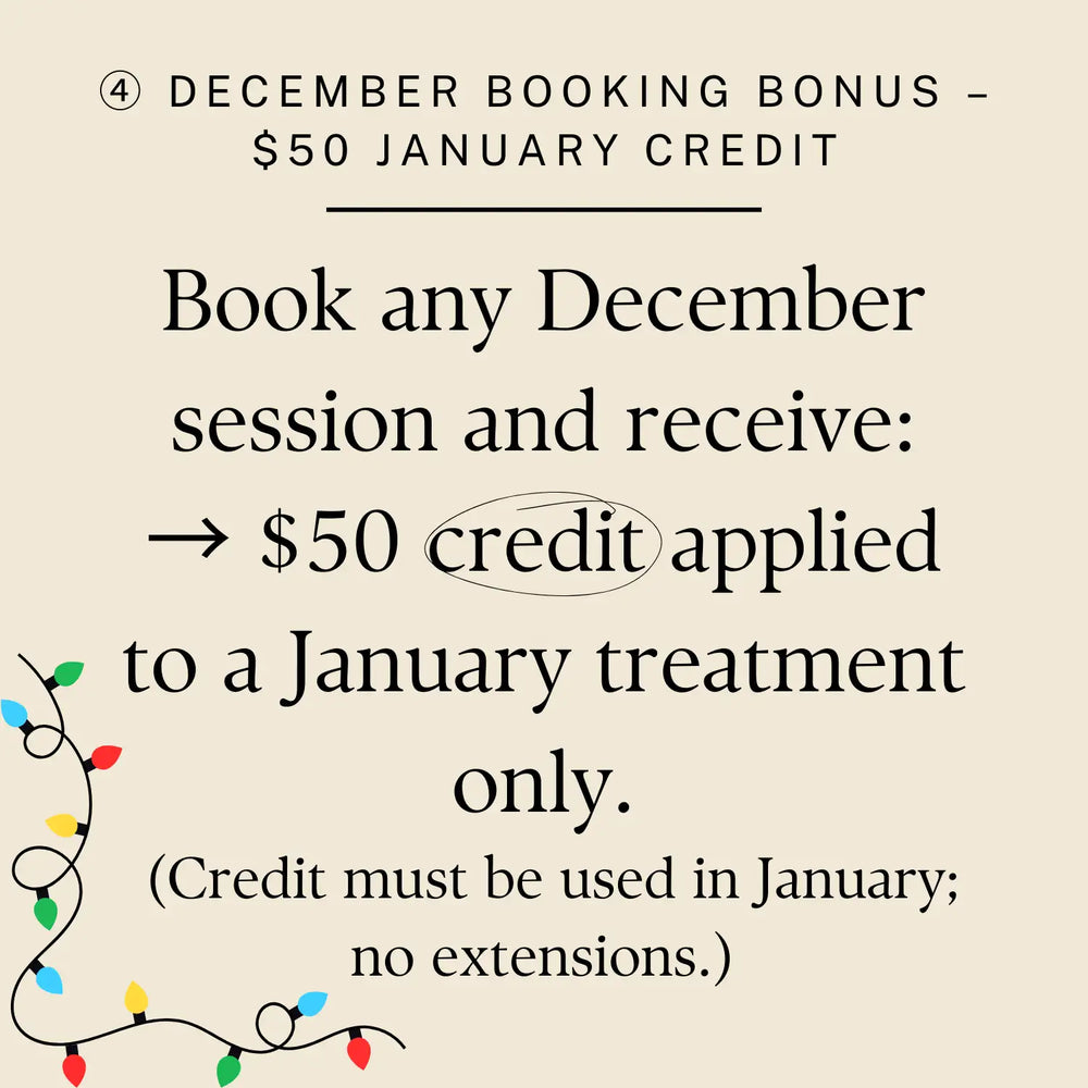 Beige promotional poster with black text advertising a december booking bonus offering $50 january credit for any december session.