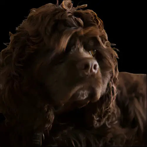 Chocolate brown dog statue with curly fur and golden eyes