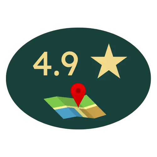 Dark green oval-shaped icon featuring a gold star, the number 4.9, and a stylized map with a red location pin.
