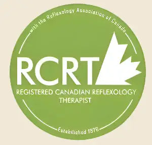 Green circular badge with maple leaf design and text ’rcrt’ for registered canadian reflexology therapist.
