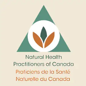 Green triangle with white circle and orange leaves logo for natural health practitioners of canada.