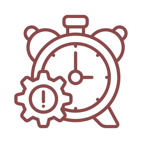 Red outline illustration of a vintage-style alarm clock with visible gears.