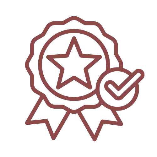 Red star-shaped award ribbon with a checkmark.