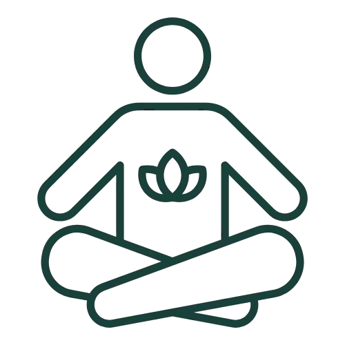 Teal line art icon of a person meditating with a crown symbol on their chest