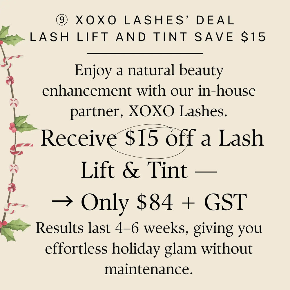 Xoxo lashes’ lash lift and tint deal advertisement featuring festive holly and candy cane decorations.