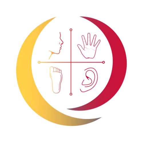 Yellow crescent moon charm bracelet with red and black design elements.